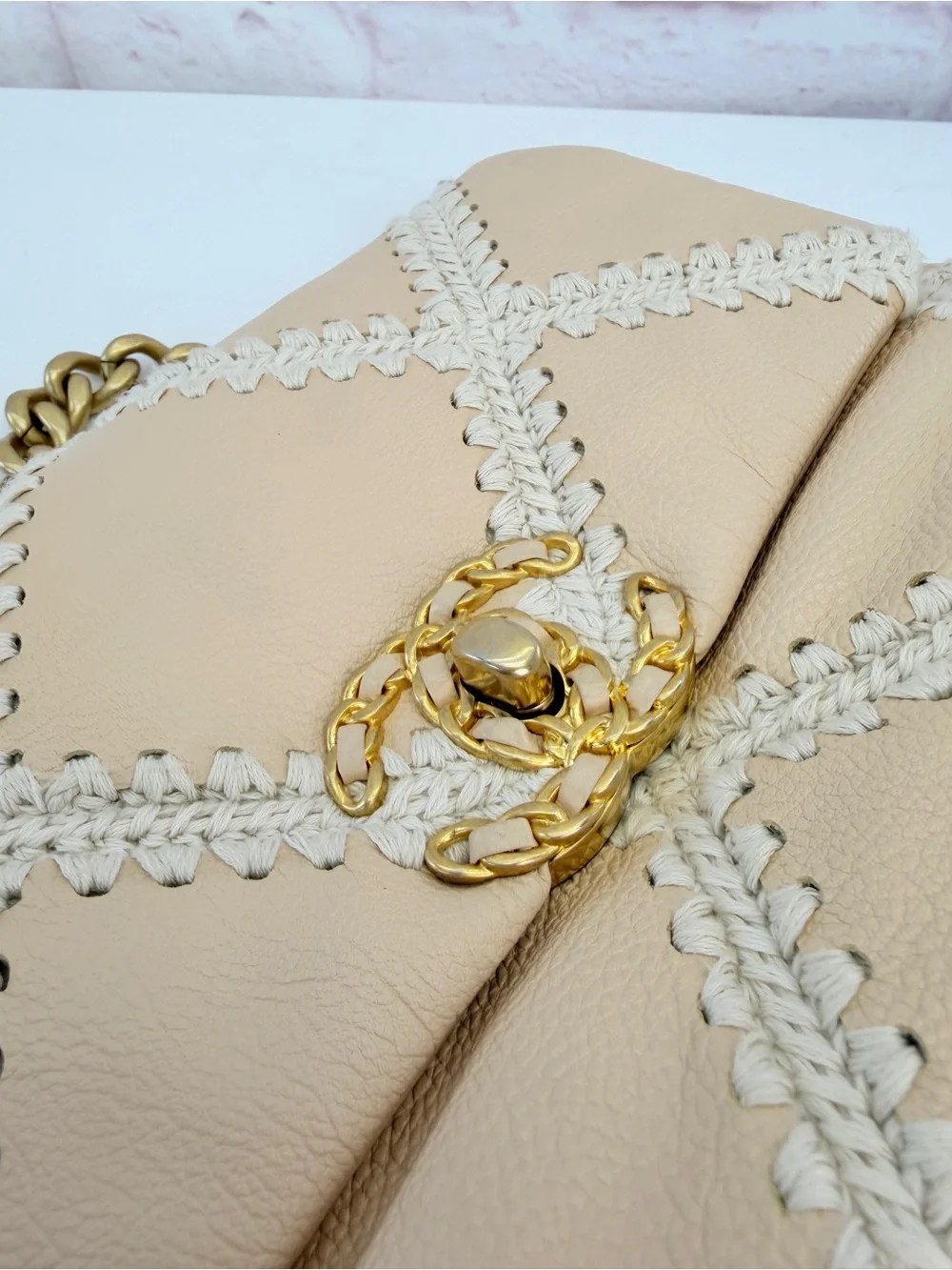 Chanel 19 Flap Medium Calfskin Crochet Shoulder Bag Beige